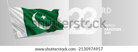 Pakistan happy day greeting card, banner vector illustration. Pakistani national holiday 23rd of March design element with 3D waving flag on flagpole