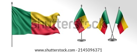 Set of Benin waving flag on isolated background vector illustration. 3 stripes Benin wavy realistic flag as a patriotic symbol