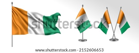 Set of Cote Divoire waving flag on isolated background vector illustration. 3 Ivory Coast wavy realistic flag as a patriotic symbol
