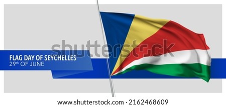 Seychelles flag day vector banner, greeting card. Seychellian wavy flag in 29th of June national patriotic holiday horizontal design with realistic badge