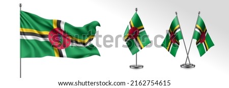 Set of Dominica waving flag on isolated background vector illustration. 3 Dominican wavy realistic flag as a patriotic symbol