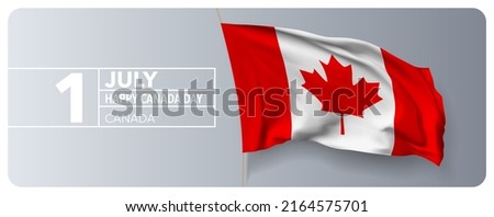 Canada happy independence day greeting card, banner vector illustration. Canadian national holiday 1st of July design element with 3D waving flag on flagpole