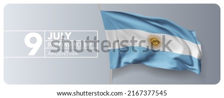 Argentina happy independence day greeting card, banner vector illustration. Argentinian national holiday 9th of July design element with 3D waving flag on flagpole