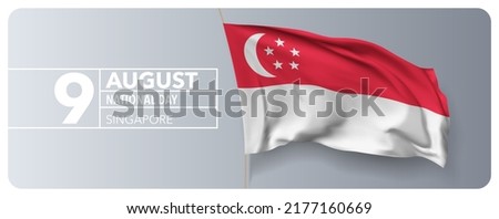 Singapore happy national day greeting card, banner vector illustration. Singaporean holiday 9th of August design element with 3D waving flag on flagpole