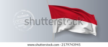 Indonesia happy independence day greeting card, banner with template text vector illustration. Indonesian memorial holiday 17th of August design element with 3D flag with stripes