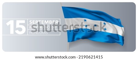 Honduras happy independence day greeting card, banner vector illustration. Hondurasian national holiday 15th of September design element with 3D waving flag on flagpole