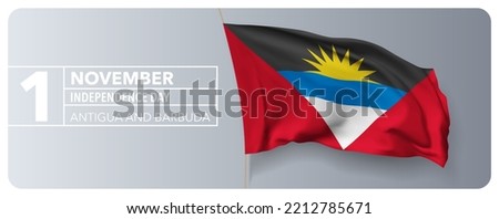 Antigua and Barbuda happy independence day greeting card, banner vector illustration. Antiguan national holiday 1st of November design element with 3D waving flag on flagpole