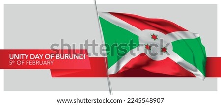 Burundi unity day vector banner, greeting card. Burundian wavy flag in 5th of February national patriotic holiday horizontal design with realistic badge