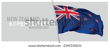 New Zealand waitangi day greeting card, banner with template text vector illustration. New Zealandian memorial holiday 6th of February design element with 3D flag with cross