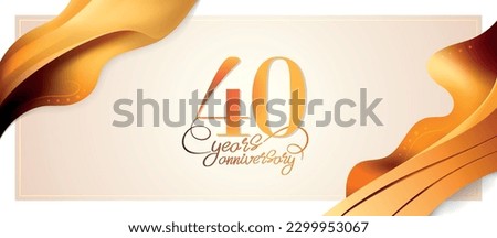 40 years anniversary vector logo, icon. Graphic element with golden color wavy ribbon for 40th anniversary greeting card