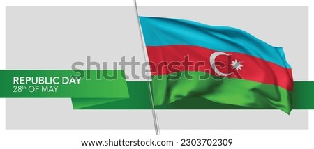 Azerbaijan republic day vector banner, greeting card. Azerbaijani wavy flag in 28th of May national patriotic holiday horizontal design with realistic badge