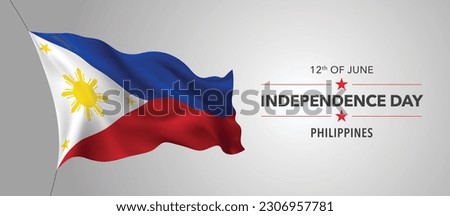 Philippines happy independence day greeting card, banner with template text vector illustration. Philippino memorial holiday 12th of June design element with 3D flag with stripes