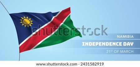 Namibia happy independence day greeting card, banner vector illustration. Namibian national holiday 21st of March design element with 3D flag