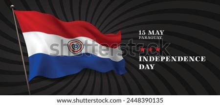 Paraguay independence day vector banner, greeting card. Paraguayan wavy flag in 15th of May national patriotic holiday horizontal design