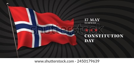 Norway constitution day vector banner, greeting card. Norwegian wavy flag in 17th of May national patriotic holiday horizontal design