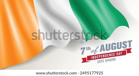 Cote Divoire independence day vector banner, greeting card. Ivory coast wavy flag in 7th of August national patriotic holiday horizontal design