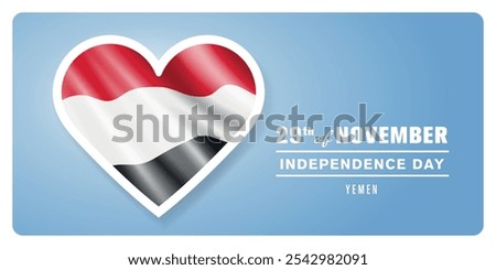 Yemen happy independence day greeting card, banner vector illustration. Yemeni national holiday 29th of November design element with 3D flag