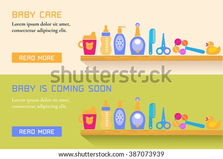 Collection of two banners with baby care, cute vector style. Baby products template design element
