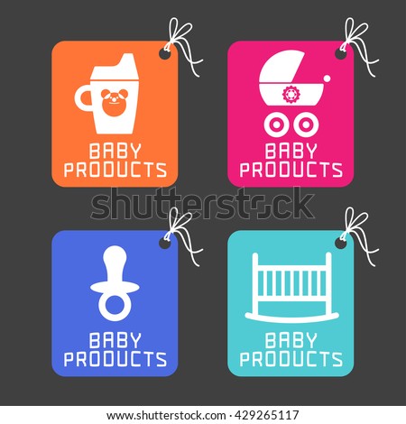 Baby products, items store logo set. Graphic images of sippy cup, baby soother,  stroller, bed. Bottle for milk for newborn