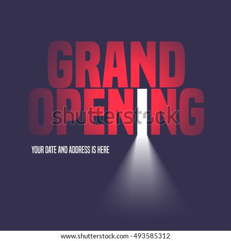 Grand opening vector illustration, background with open door, light and lettering sign. Template banner, flyer, design element, decoration for opening event