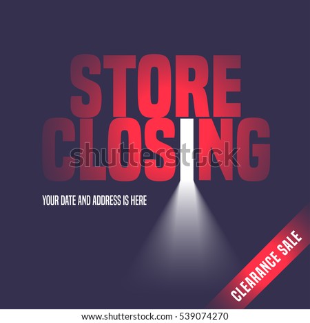 Store closing sale vector illustration, background with open door, light and lettering sign. Template banner, flyer, design element, decoration for store closing clearance sale