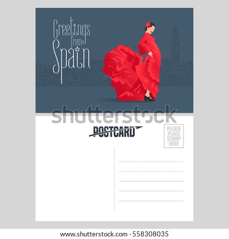 Flamenco dancer in red dress in visit Spain concept vector postcard template. Double sided with text field for greeting