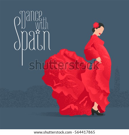 Flamenco dancer in red dress in visit Spain concept vector illustration. Design clip-art element with flamenco pose