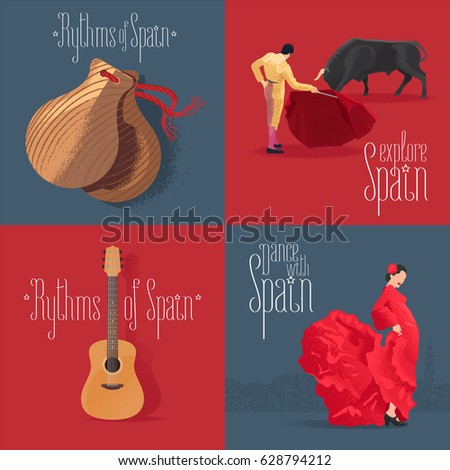 Set of vector illustrations with Spanish symbols: flamenco dancer, Spanish guitar, bull fighter. Design clip-art element for visit Spain concept