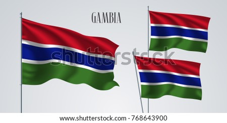 Gambia waving flag set of vector illustration. Green red blue colors of Gambia wavy realistic flag as a patriotic symbol