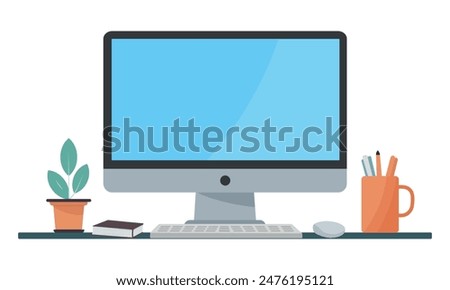 Computer Monitor blank display screen with flower pot and pencil box. Desktop, pc, laptop flat vector illustration