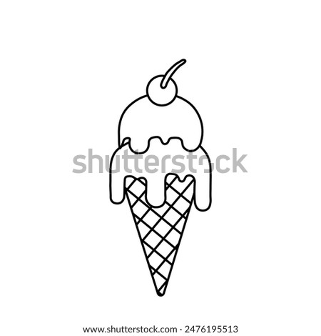 Cone ice cream with a cherry on top. Cream is melting, Ice cream gelato outline drawings, editable stroke