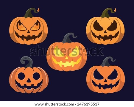 Set of Halloween Pumpkins. Cheerful Jack-o'-Lantern, sinister, glowing pumpkin vector illustration