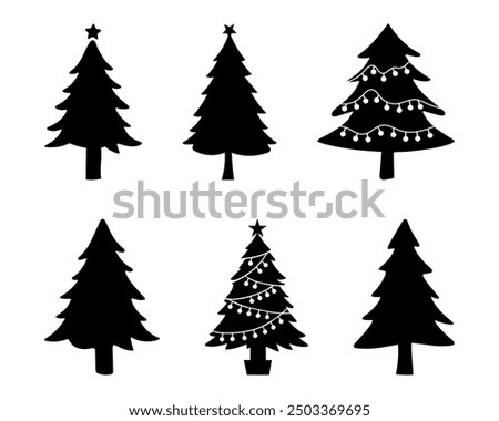 Black and White Christmas Tree Silhouette Vector Set with Festive Lights