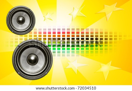 two audio speakers on yellow background with stars and color grid