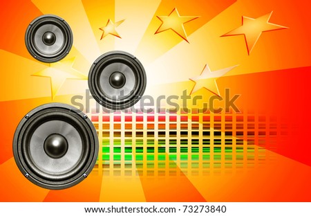 audio speakers on red background with stars and color grid