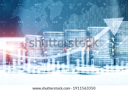 Stack of money coin with trading graph for finance investor. Cryptocurrency digital economy.  Financial investment background concept.
