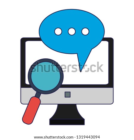 computer with chatbubble and magnifying glass blue lines