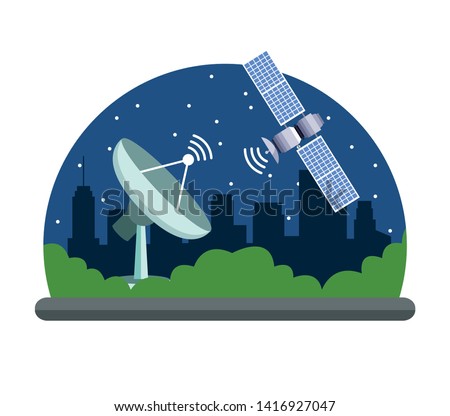 gps location satelital service concept with satelite, antenna and cityscape at night icon cartoon vector illustration graphic design