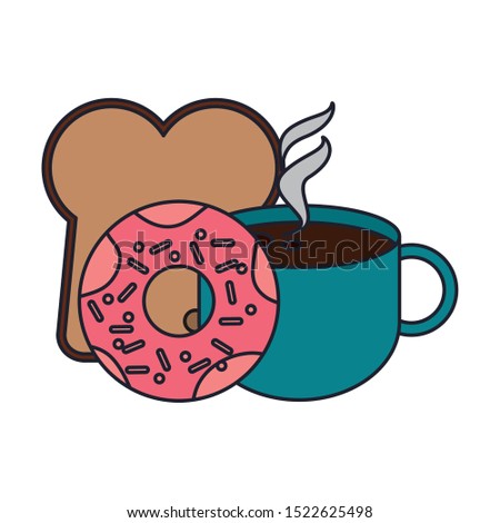 coffee mug with donut and bread loafover white background, vector illustration