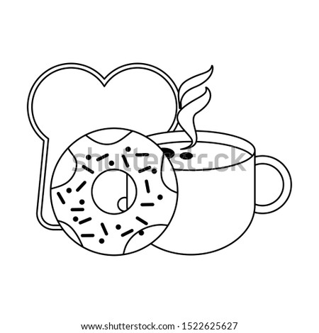 coffee mug with donut and bread loafover white background, vector illustration