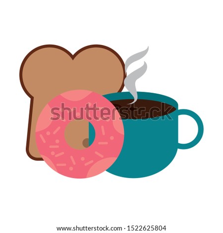 coffee mug with donut and bread loafover white background, vector illustration