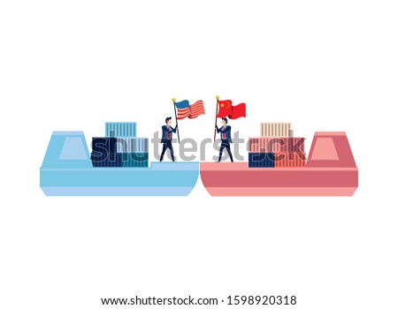 merchant ships with business people and usa and china flags vector illustration design