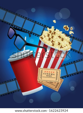 cinema entertainment with pop corn and soda vector illustration design