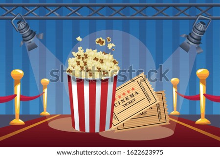 cinema entertainment with pop corn and tickets vector illustration design
