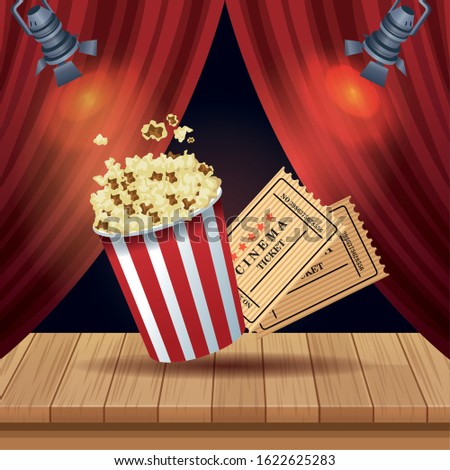 cinema entertainment with pop corn and tickets vector illustration design