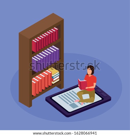 bookshelf, woman reading sitting on ebook device over purple background, isometric and colorful design, vector illustration