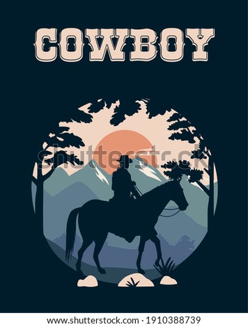 cowboy lettering in wild west scene with cowboy in horse vector illustration design