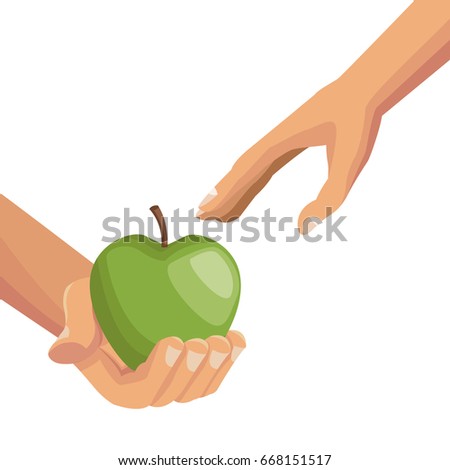 white background with colorful hands giving a apple fruit to other palm human
