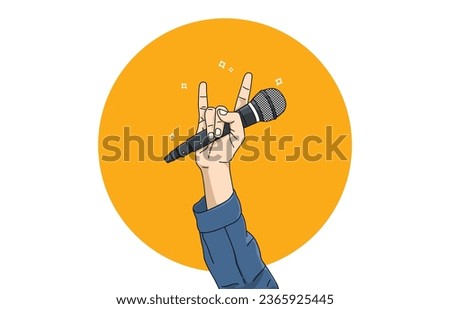 illustration of hand up holding microphone and raising two fingers