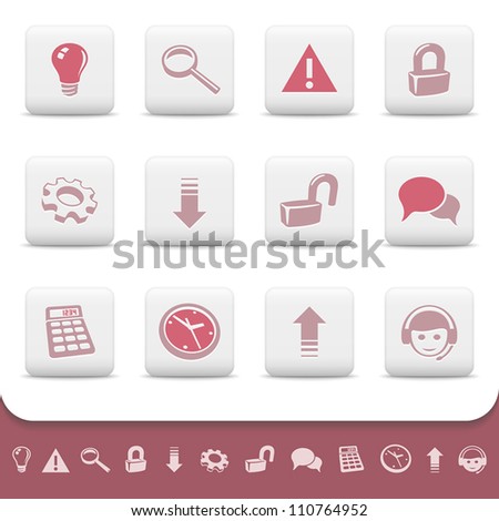 Professional web icons on white buttons. Vector set 2. Light bulb, magnifier, warning, padlock, gear, arrow, forum, speech bubble, calculator, clock, call center symbols for your website